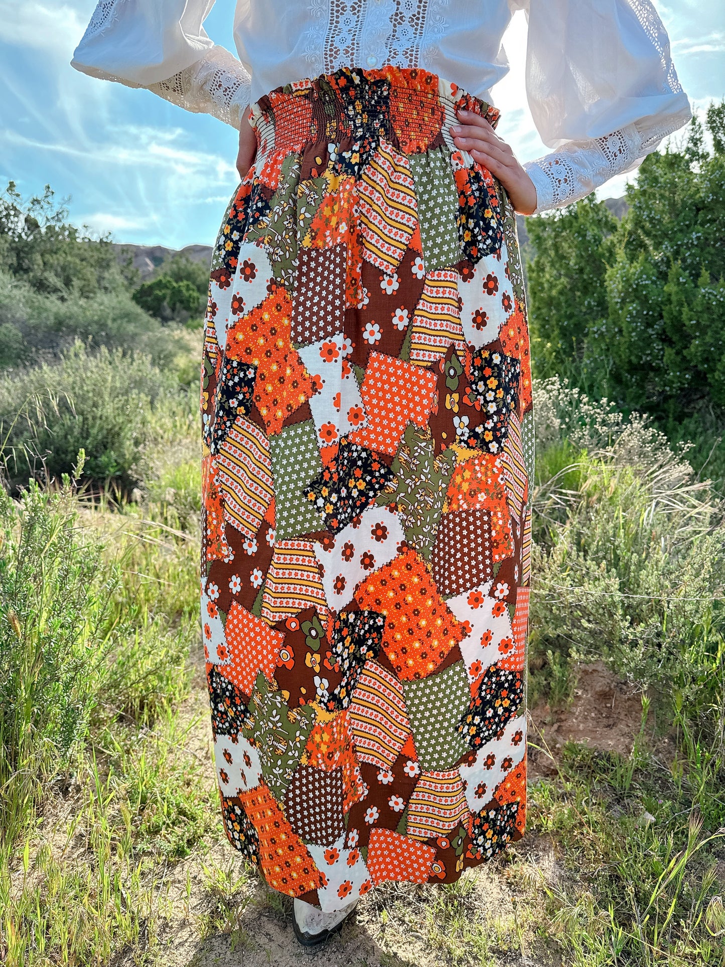 1970s Orange Faux Patchwork Maxi Skirt