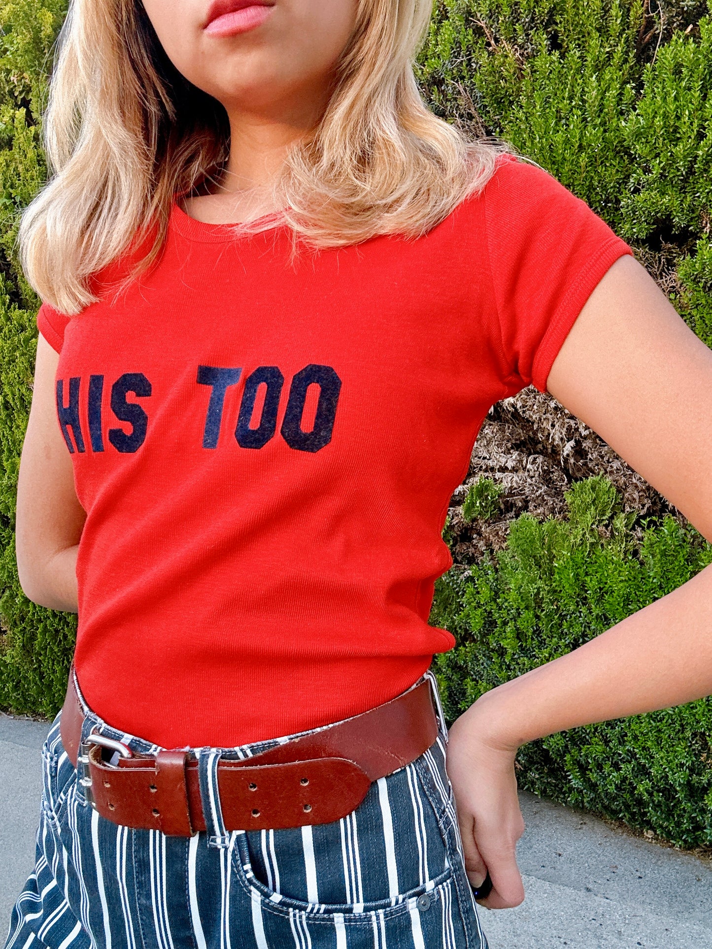 1970s “His Too” Black Velvet Appliqué Novelty Red T-Shirt