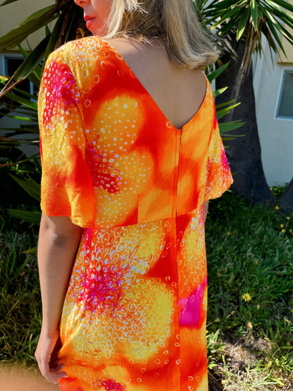 1970s Neon Orange Flutter Sleeve Maxi Hawaiian Dress