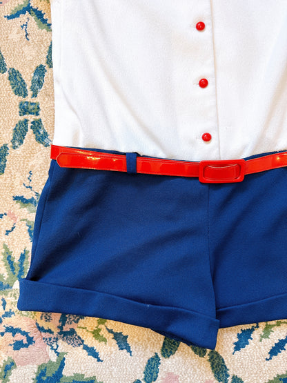 1970s Dagger Collar Navy / White / Red Hot Pants Mini Romper