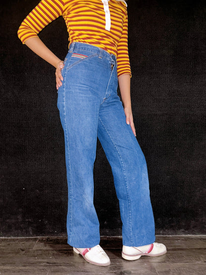 1970s Colorful Contrast Stitch Denim Jeans by Live Ins