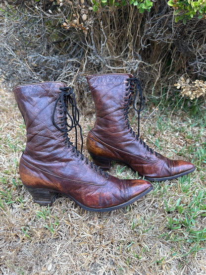 1900s Edwardian Antique Brown Leather Lace Up Boots Size 6