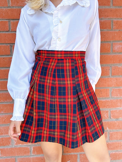 1980s Red & Navy Pleated Plaid Skirt