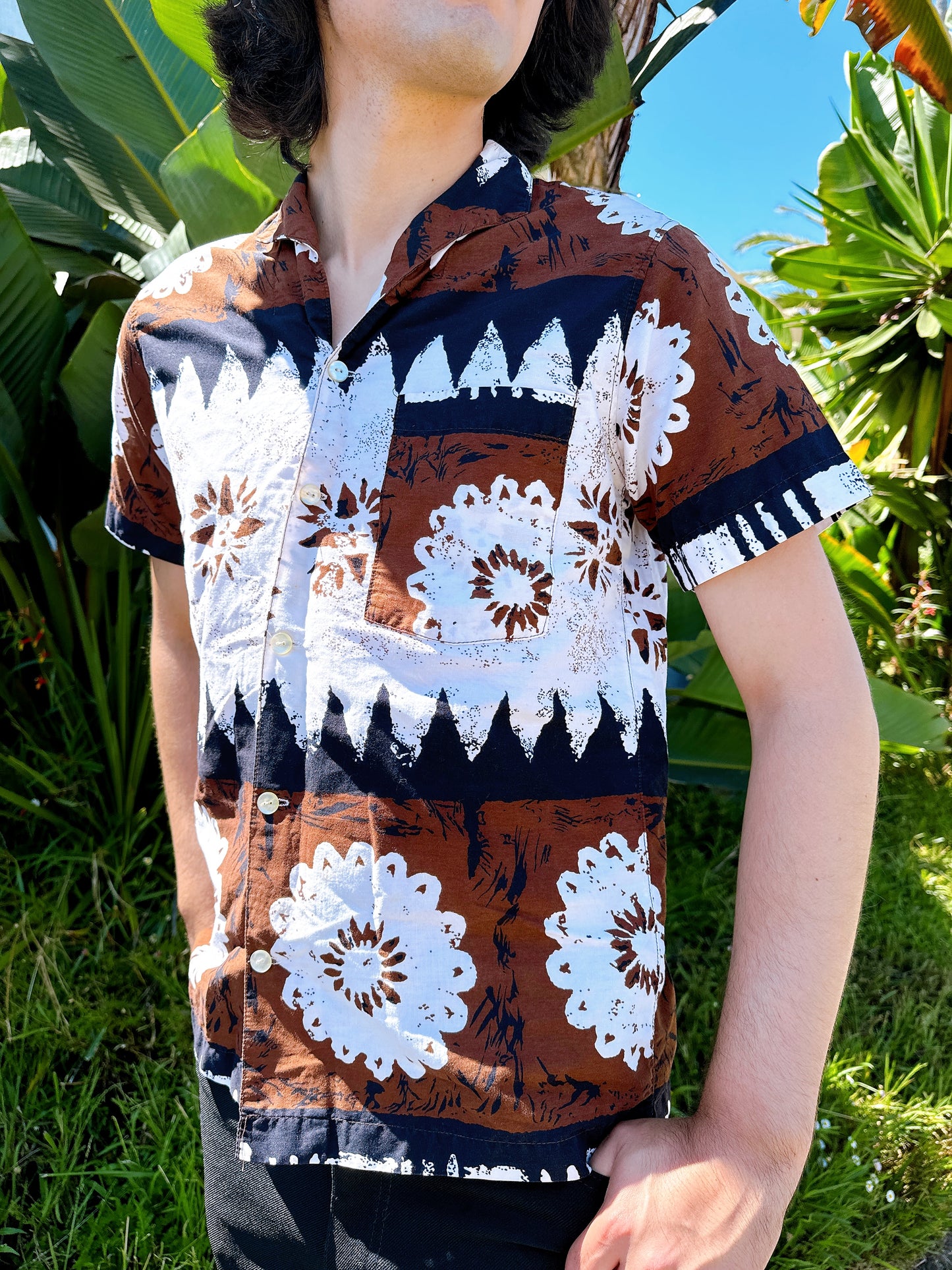 1960s Brown, Black, & White Hawaiian Shirt