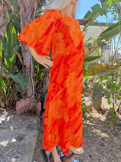 1970s Orange Acid Flutter Sleeve Hawaiian Maxi Dress