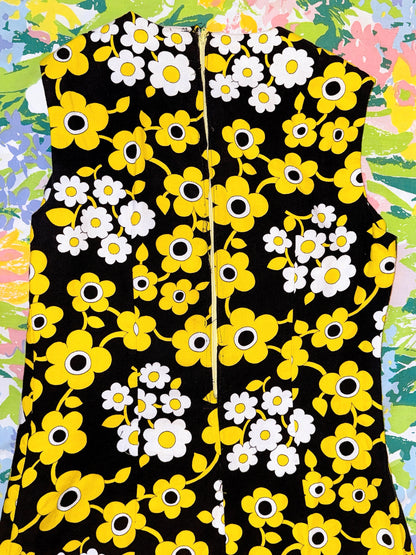 1960s Black & Yellow Flower Power Shift Dress