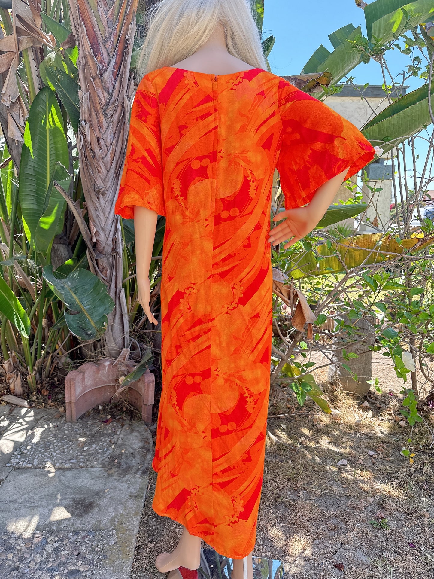 1970s Orange Acid Flutter Sleeve Hawaiian Maxi Dress