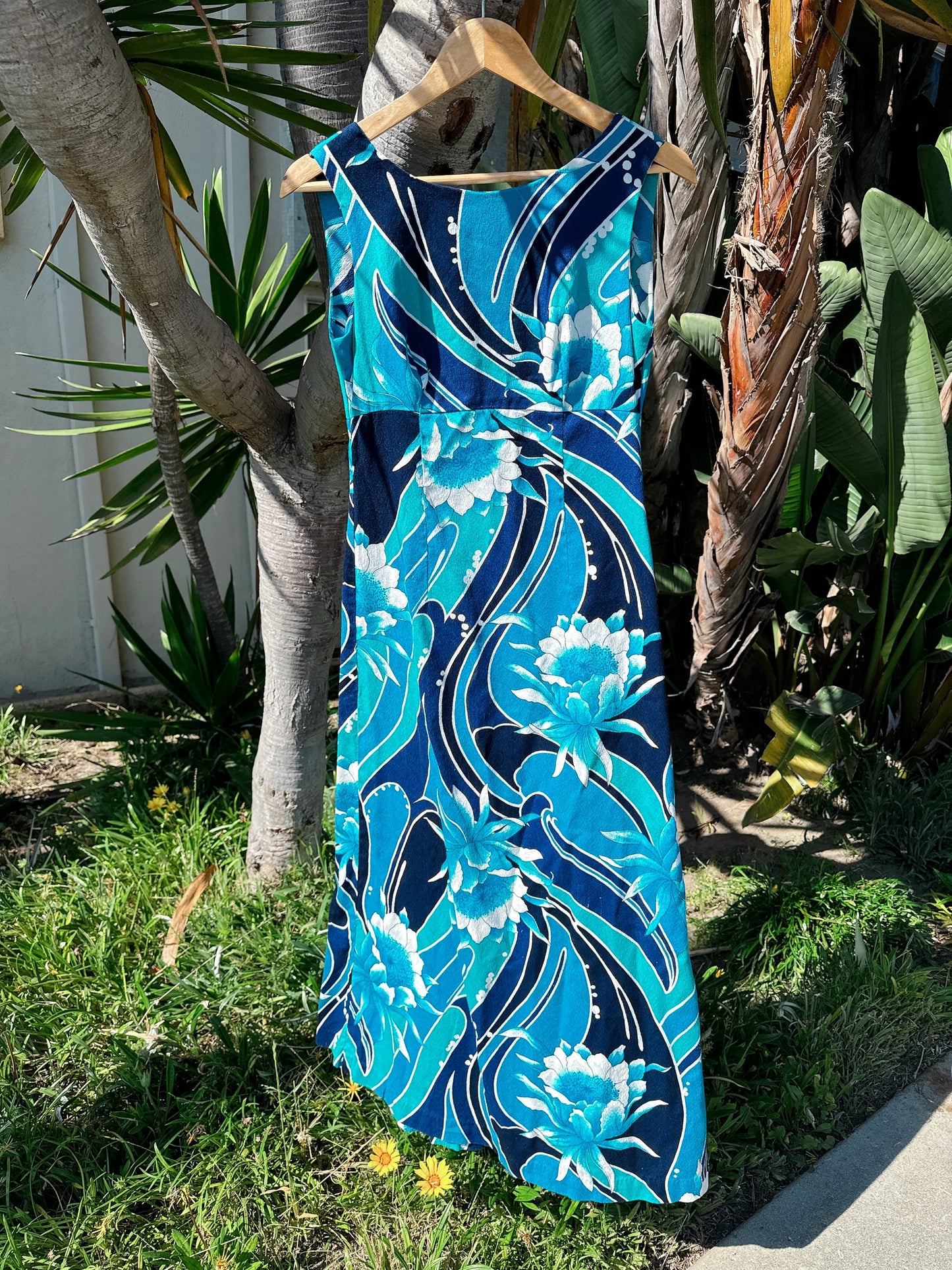 1960s Blue Psychedelic Floral Hawaiian Maxi Dress