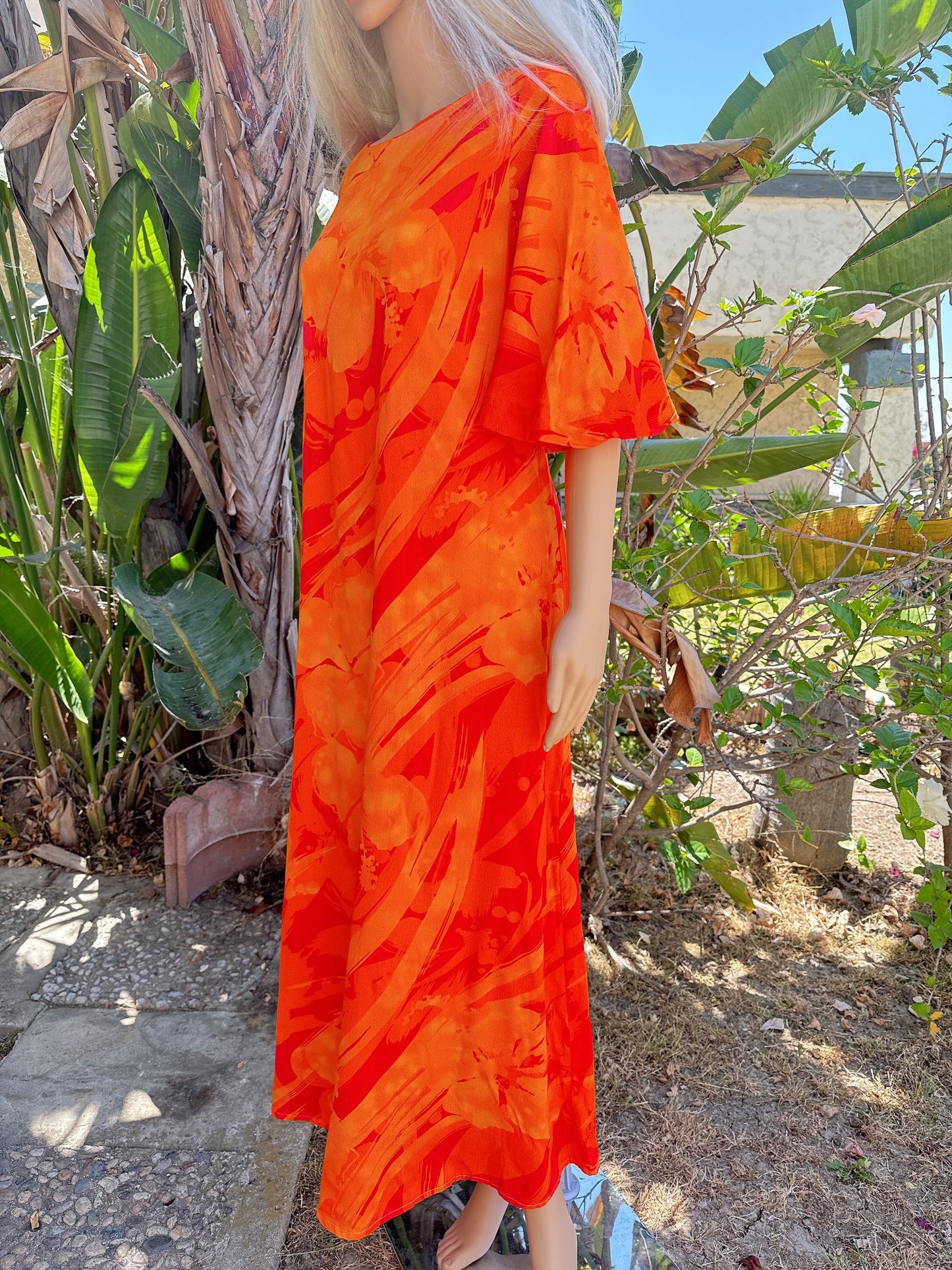 1970s Orange Acid Flutter Sleeve Hawaiian Maxi Dress