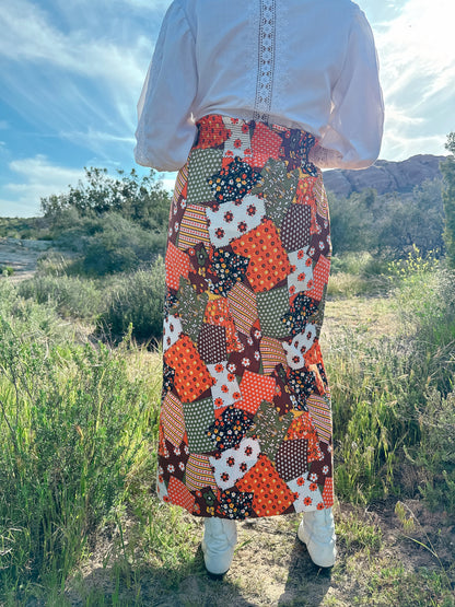 1970s Orange Faux Patchwork Maxi Skirt