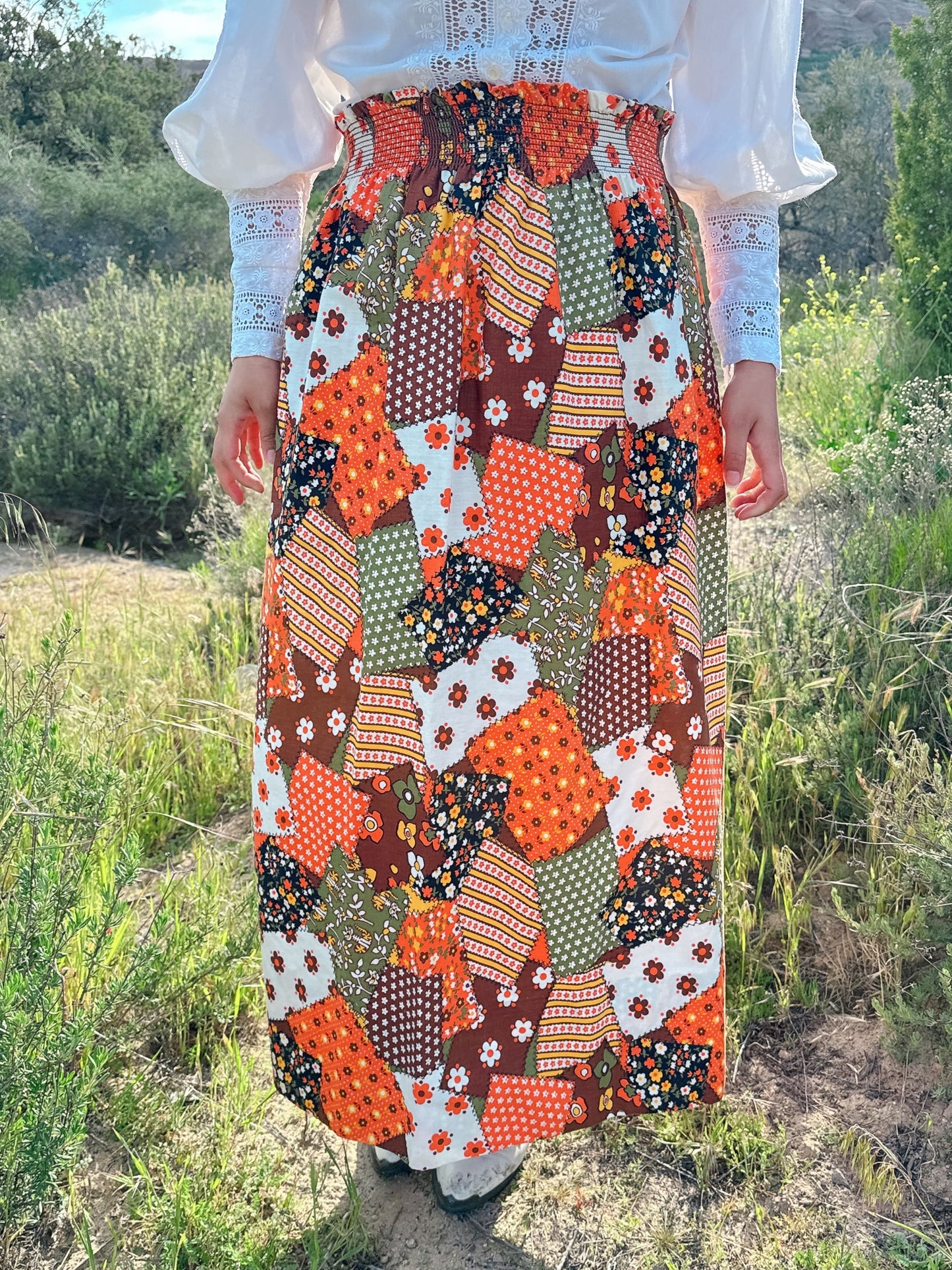 1970s Orange Faux Patchwork Maxi Skirt