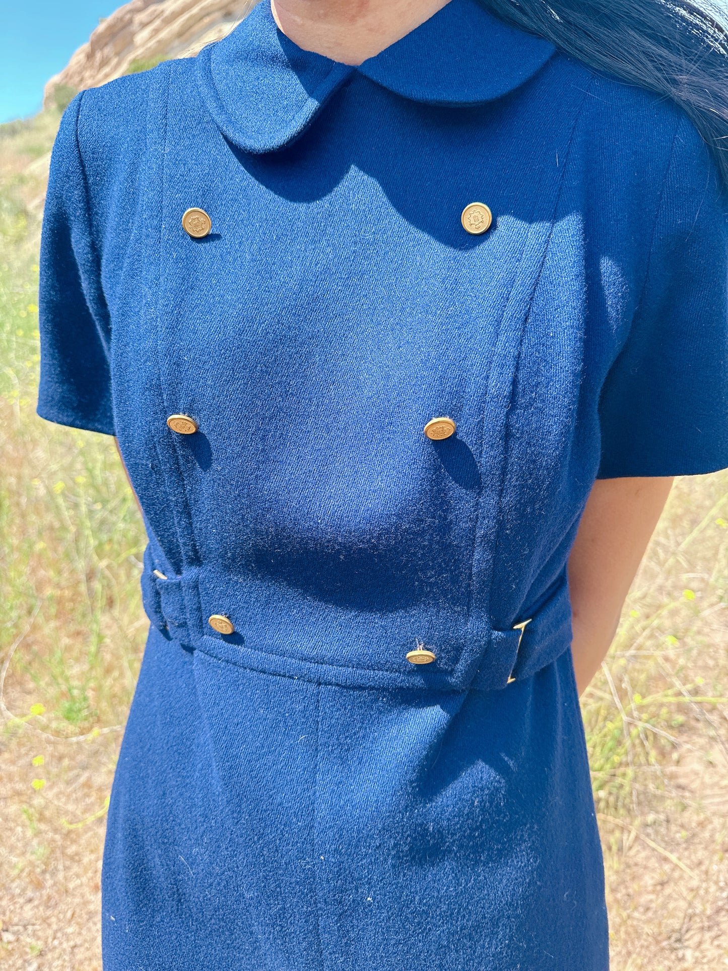 1960s Navy Blue and Gold Buttons Wool Mini Dress