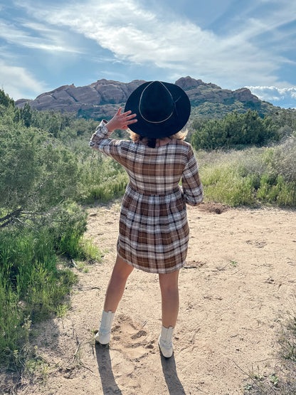 1990s Brown and White Plaid Tie-Up Bodice Dress