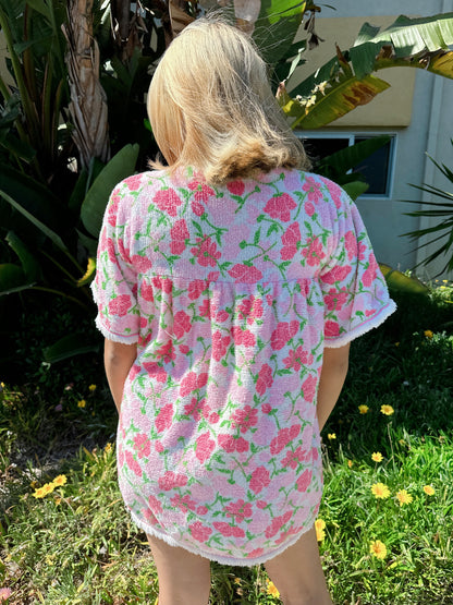 1960s Pink Floral Babydoll Towel Terry Mini Dress