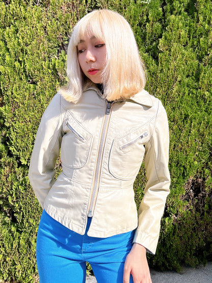 1970s Cream Petite Leather Jacket Acme Zipper