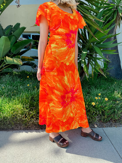 1970s Tangerine Psychedelic Flutter Sleeve Hawaiian Maxi Dress