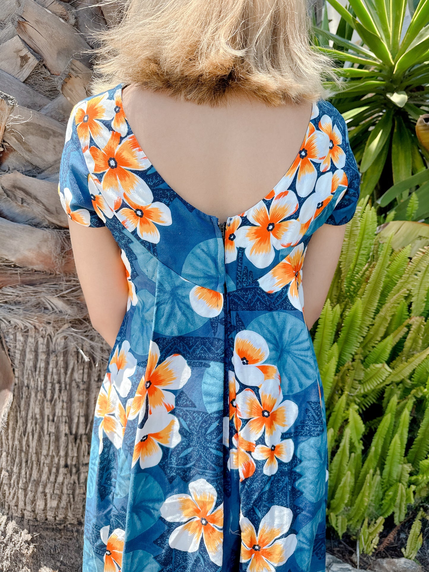 1960s Blue Plumeria Floral Hawaiian Maxi Dress