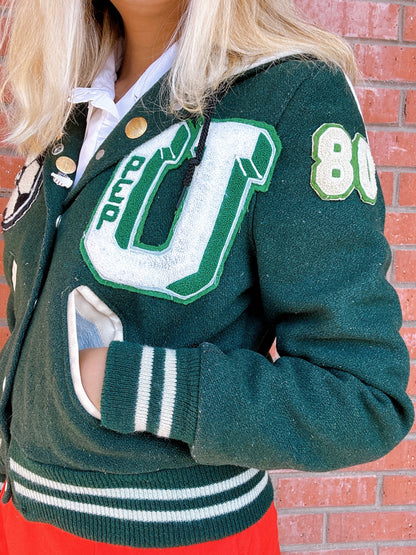 1980s Cheerleader Upland High School Green and White Varsity Jacket