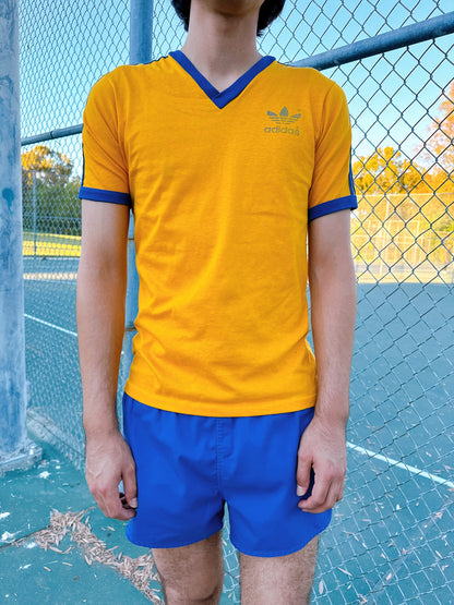 1980s Adidas Yellow & Navy V-Neck T-Shirt