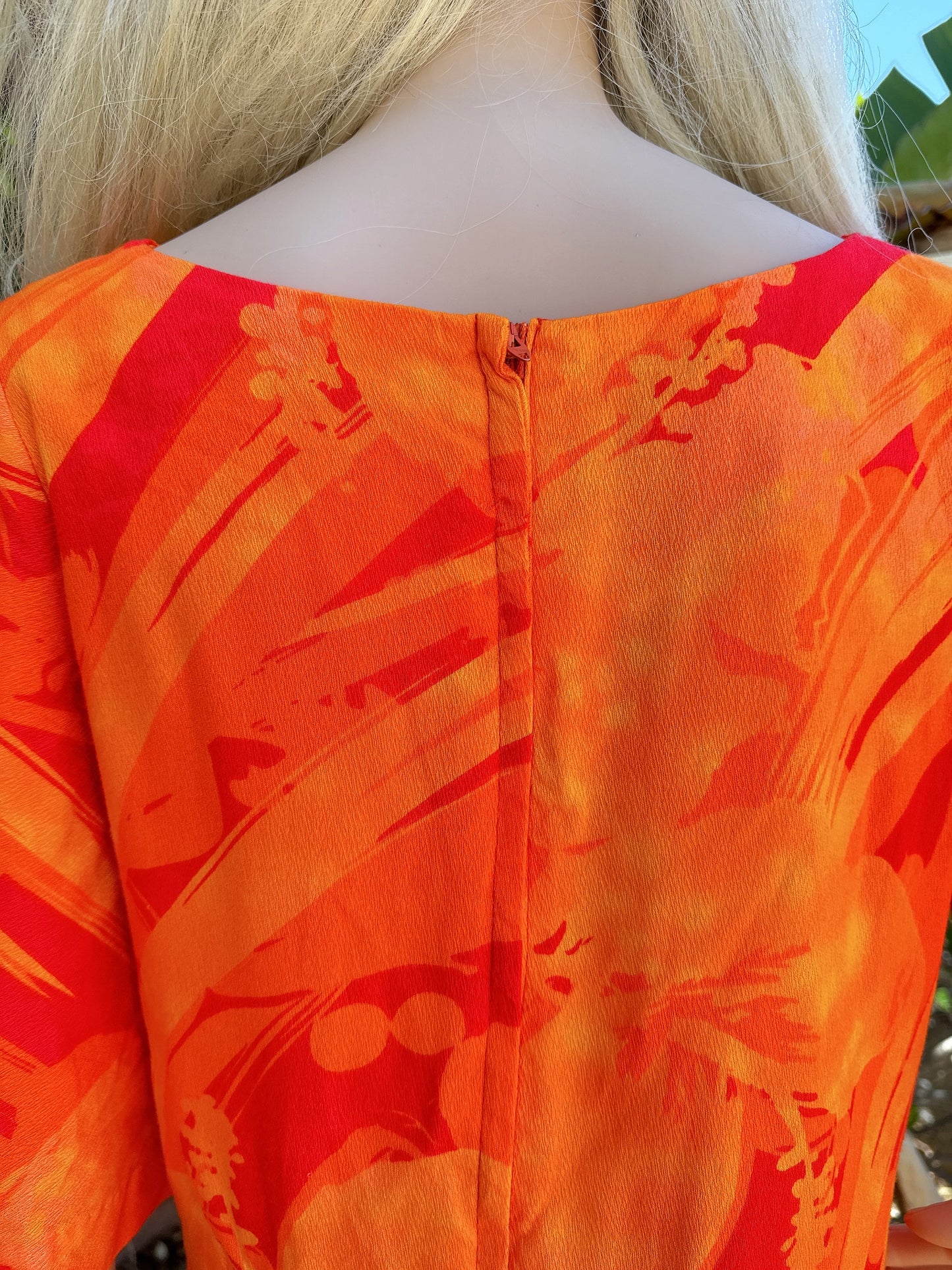 1970s Orange Acid Flutter Sleeve Hawaiian Maxi Dress