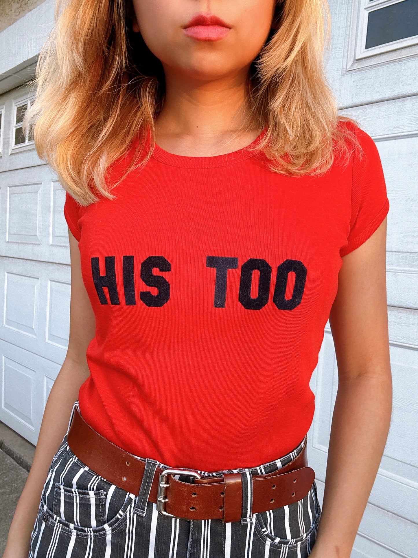 1970s “His Too” Black Velvet Appliqué Novelty Red T-Shirt