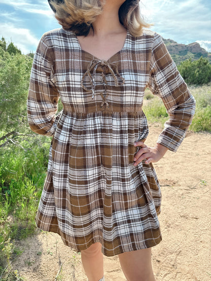 1990s Brown and White Plaid Tie-Up Bodice Dress