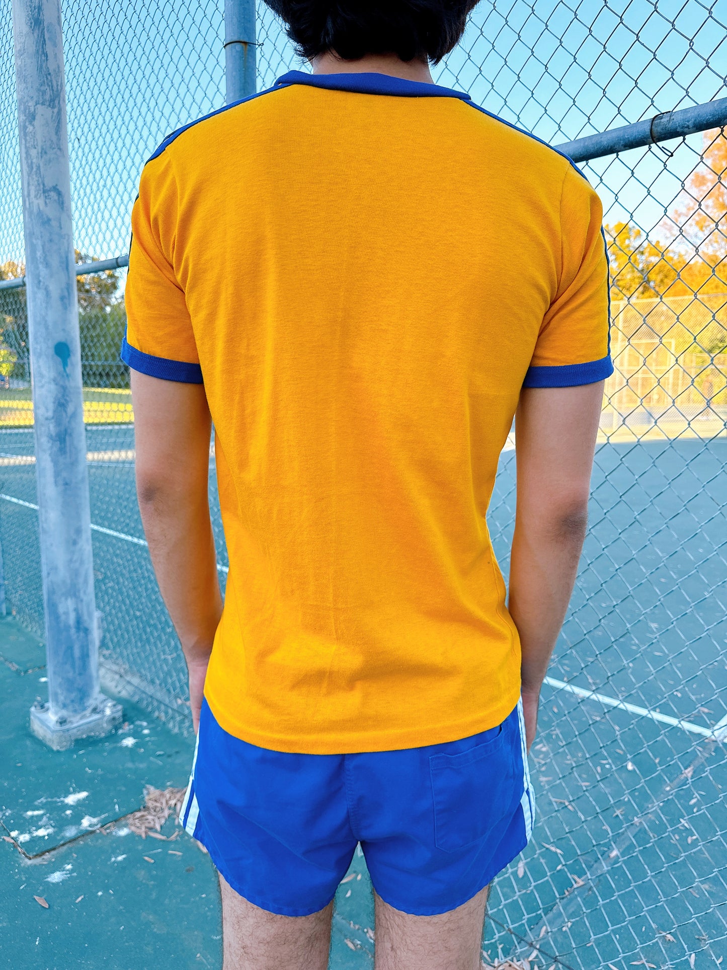 1980s Adidas Yellow & Navy V-Neck T-Shirt