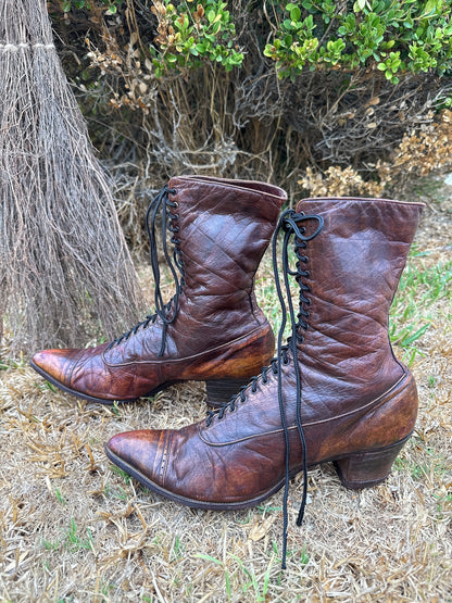 1900s Edwardian Antique Brown Leather Lace Up Boots Size 6