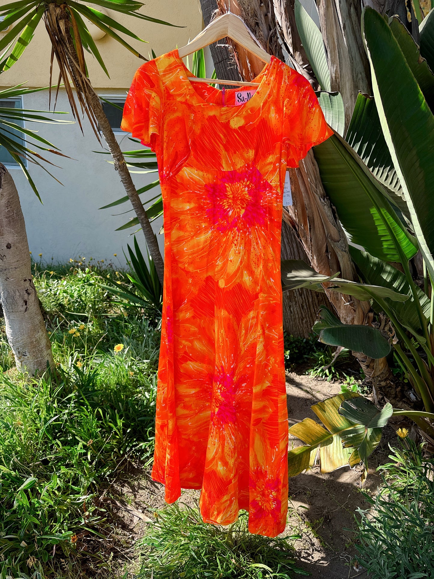 1970s Tangerine Psychedelic Flutter Sleeve Hawaiian Maxi Dress