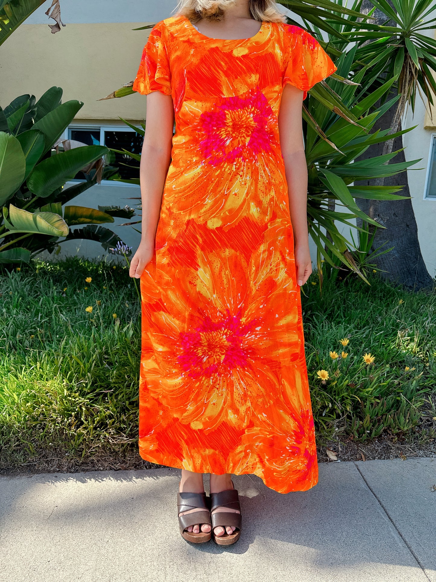 1970s Tangerine Psychedelic Flutter Sleeve Hawaiian Maxi Dress