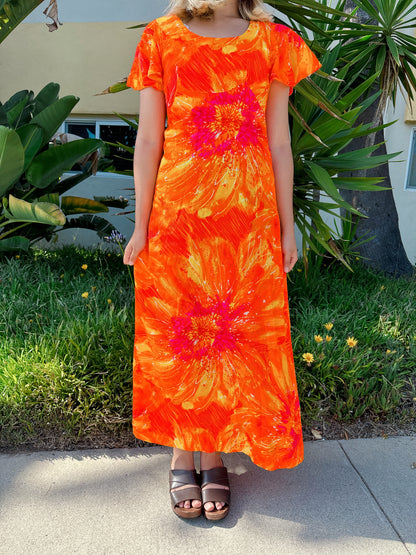 1970s Tangerine Psychedelic Flutter Sleeve Hawaiian Maxi Dress