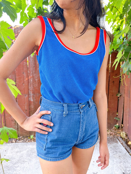 1970s Blue & Red Ringer Terry Cloth Tank Top