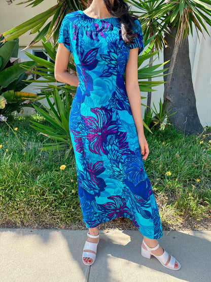 1960s Deep Sea Blue Floral Hawaiian Maxi Dress