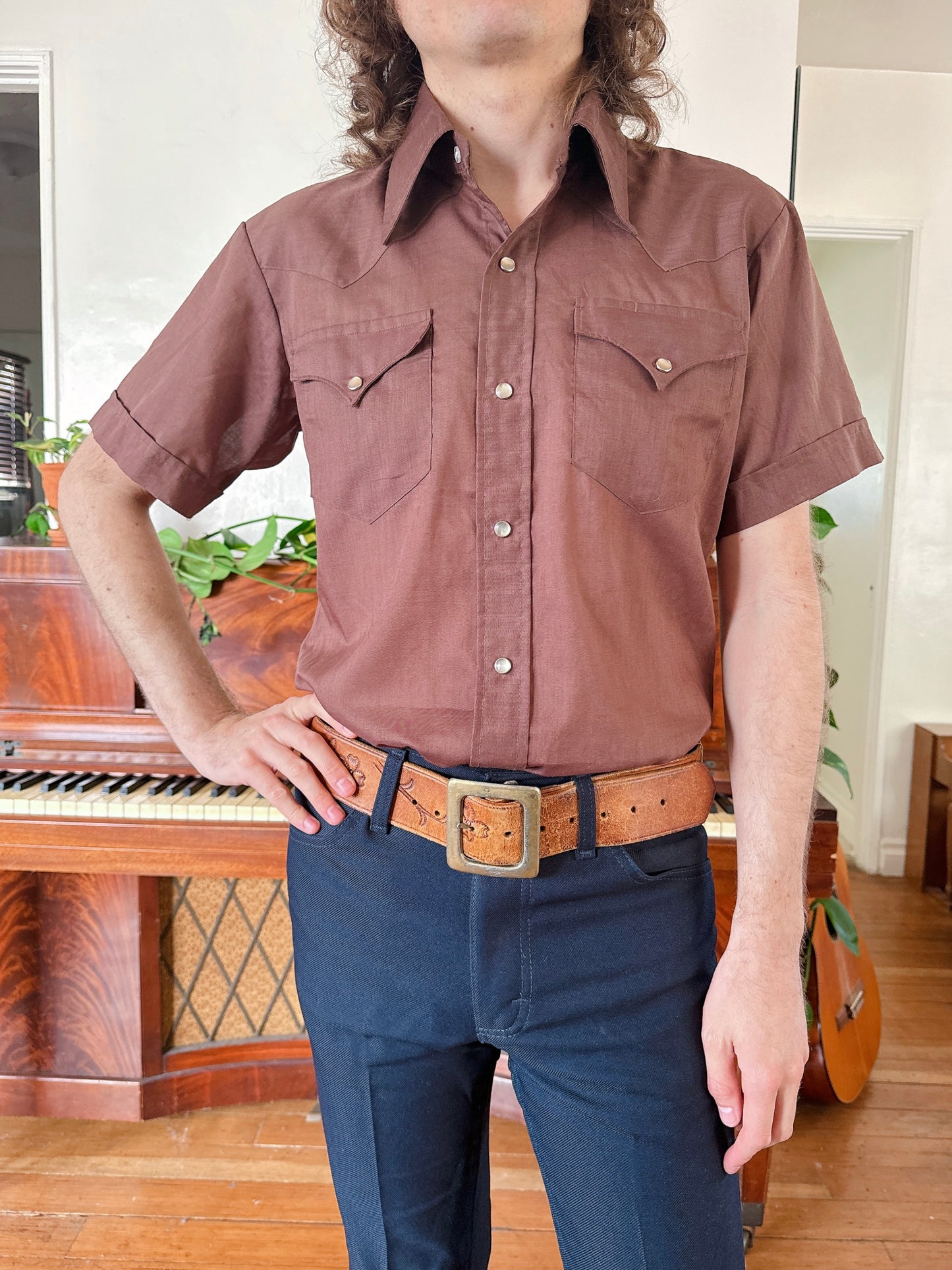 1970s Brown Western Short Sleeve Top by H Bar C