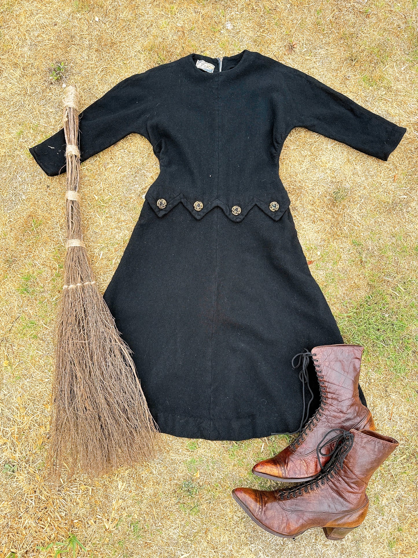 1940s Black Witchy Wool Dress