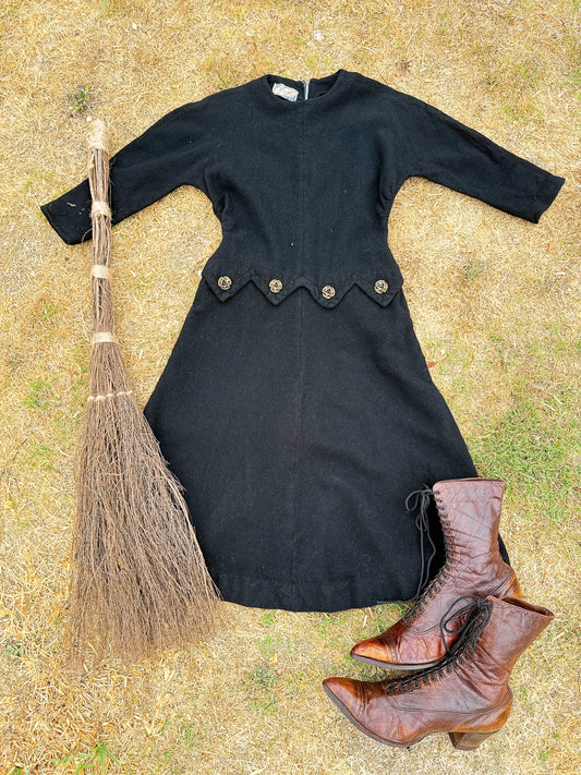 1940s Black Witchy Wool Dress