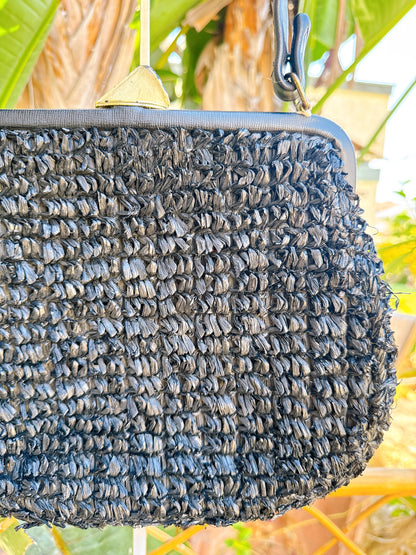 1960s Black Raffia Straw and Leather Purse