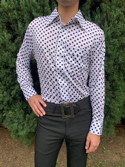 1970s Deadstock White and Black Polka Dot Polyester Shirt