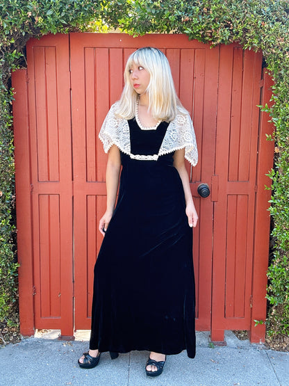 1970s Black Velvet and Lace Cape Maxi Dress