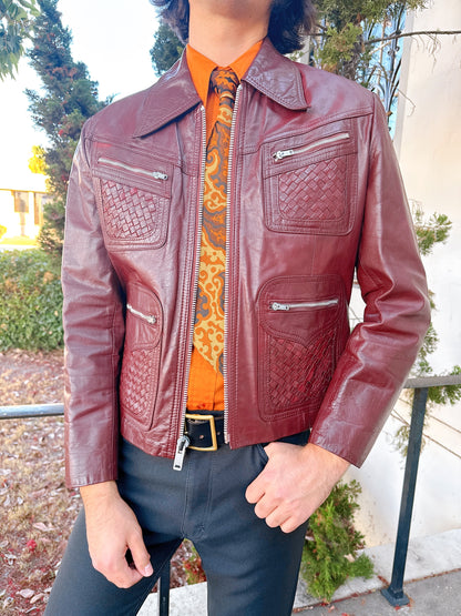 1970s Burgundy Basket Weave Pockets and Metal Zipper Leather Jacket