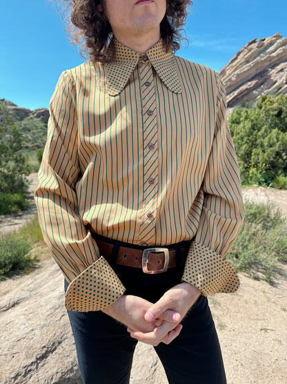 1970s Stripe and Polka Dot Beagle Collar Button Up Top