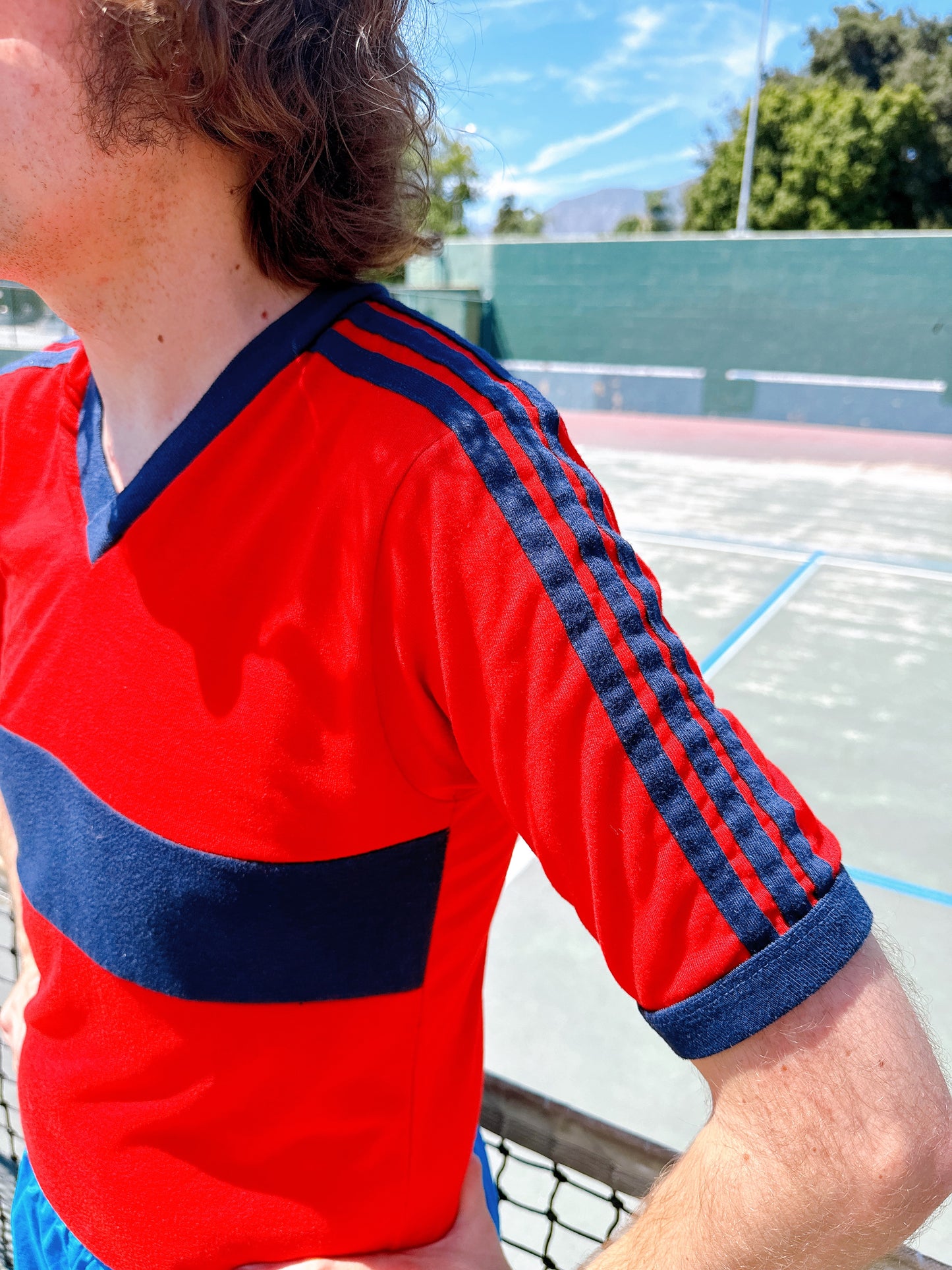 1980s Adidas Red & Navy V-Neck T-Shirt