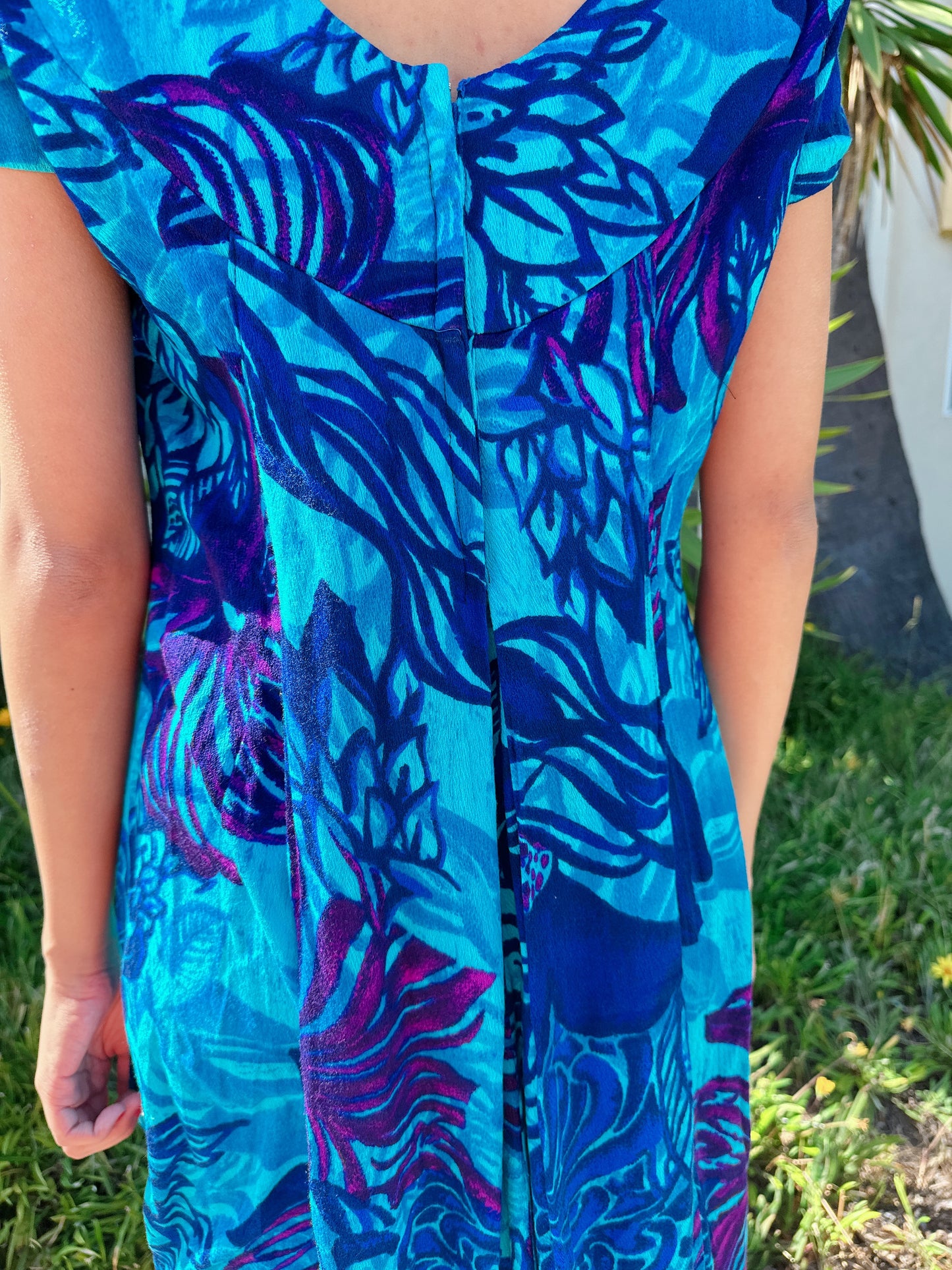 1960s Deep Sea Blue Floral Hawaiian Maxi Dress