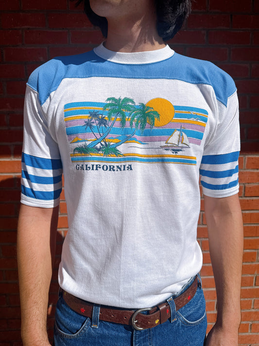 1970s “California” Sunset Novelty Raglan White & Blue T-Shirt