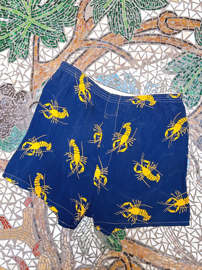 1940s Crawfish Lobster Novelty Navy & Yellow Boxer Shorts Waist 34” - 40”