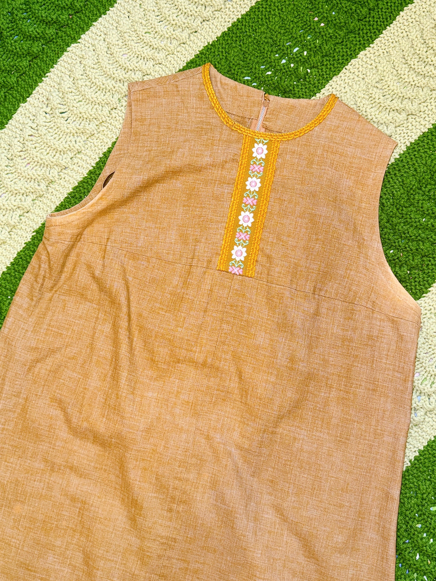 1960s Tan & Floral Embroidery Hippie Mini Shift Dress