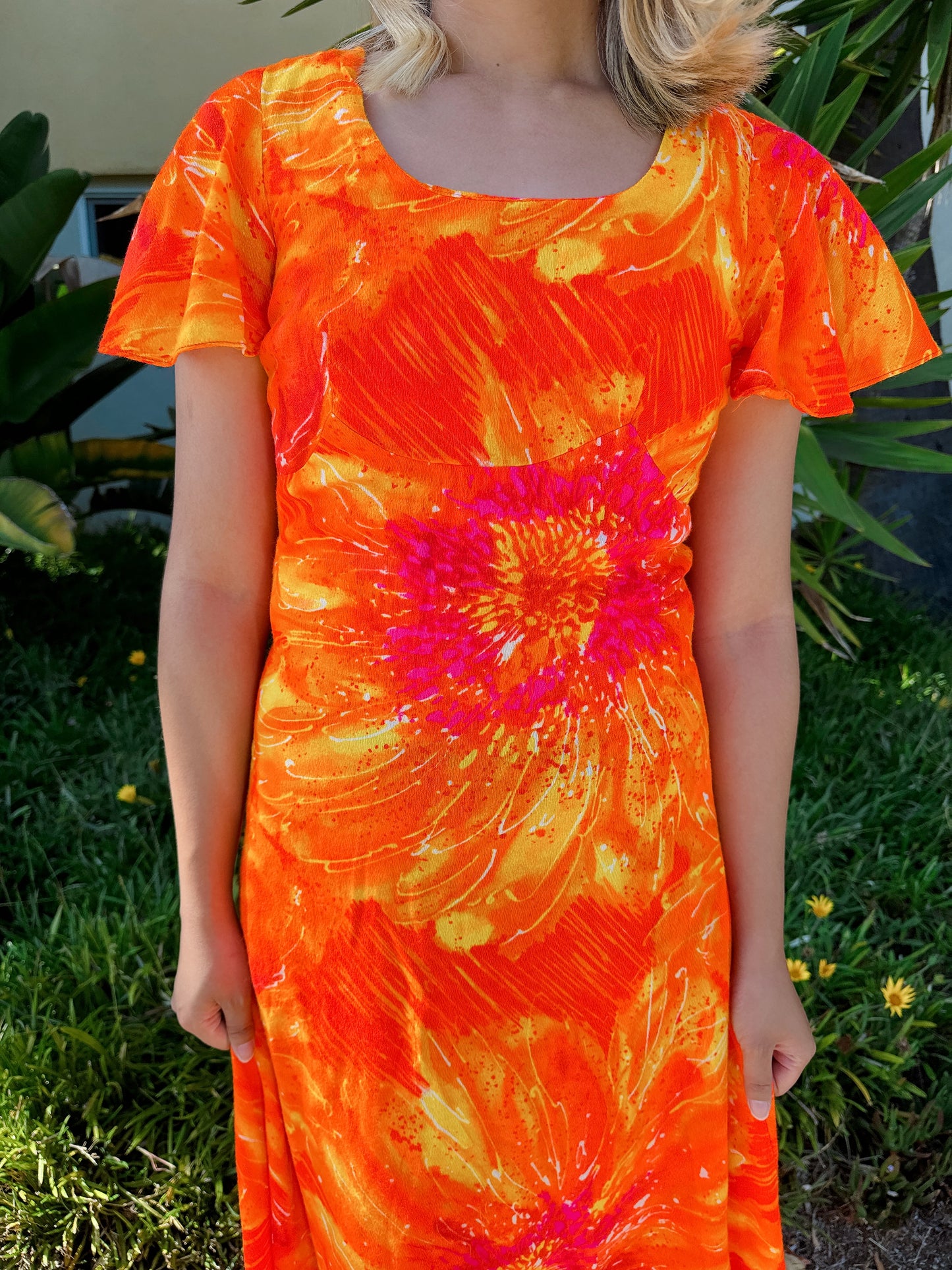 1970s Tangerine Psychedelic Flutter Sleeve Hawaiian Maxi Dress