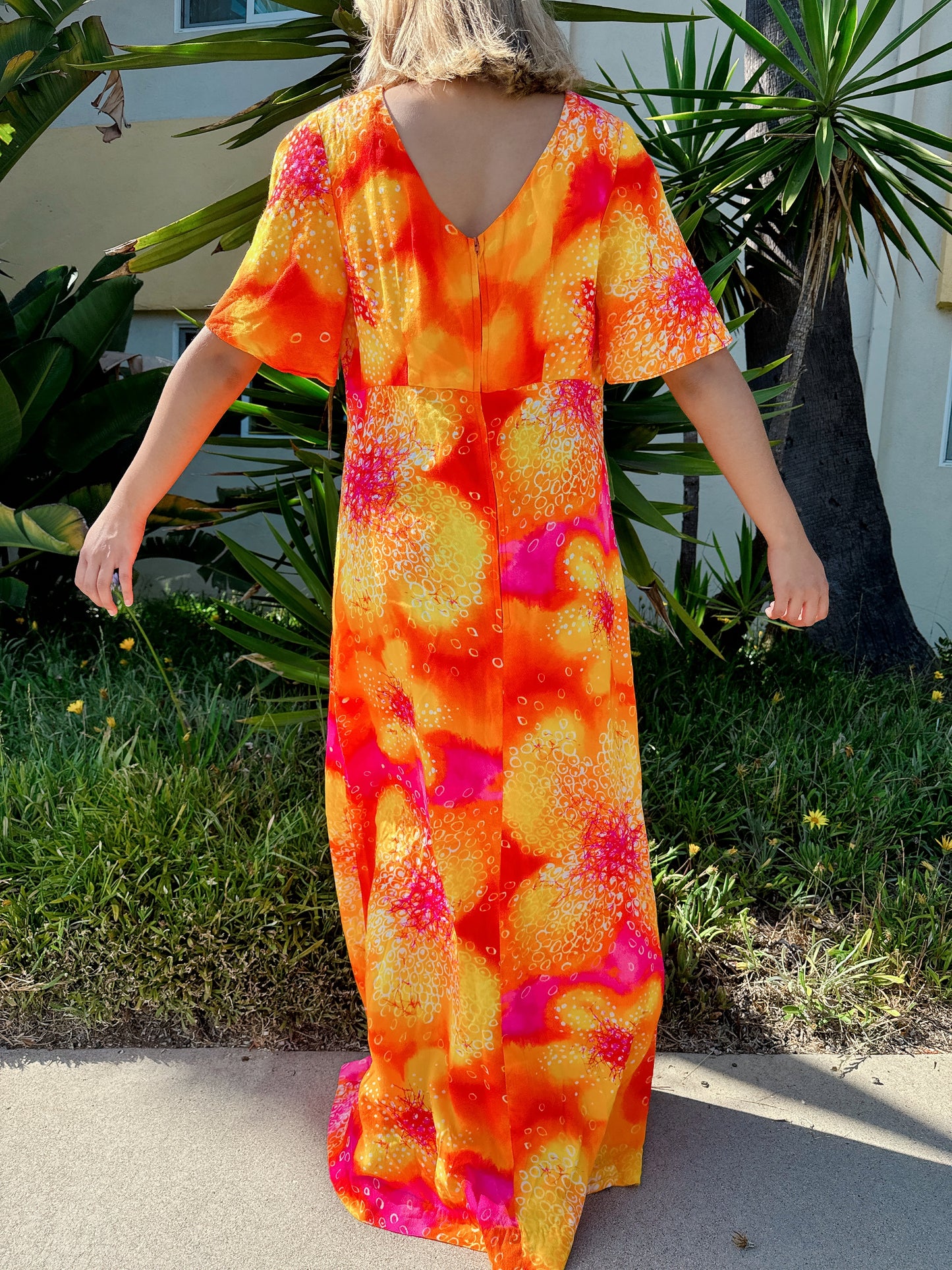 1970s Neon Orange Flutter Sleeve Maxi Hawaiian Dress