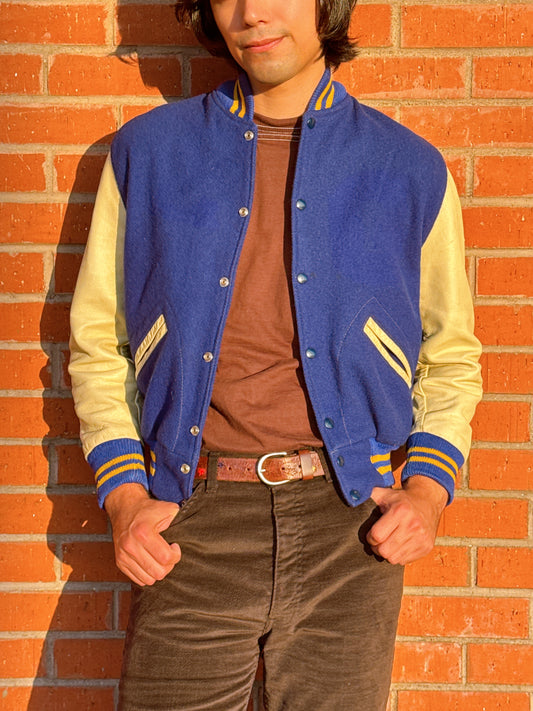 1980s Blue and Cream Varsity Jacket