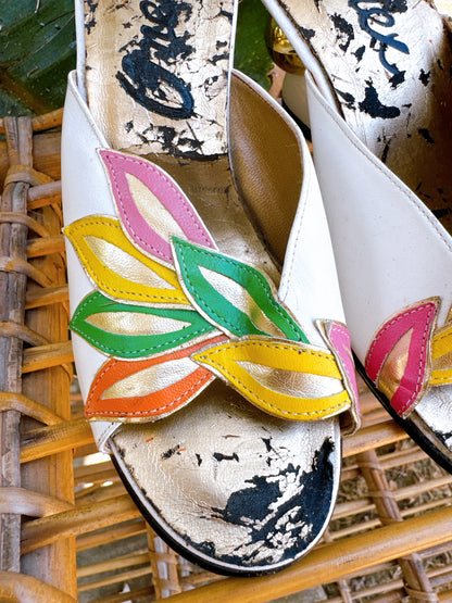 1950s Tropical White and Gold Boomerang Sphere Heel Sandals